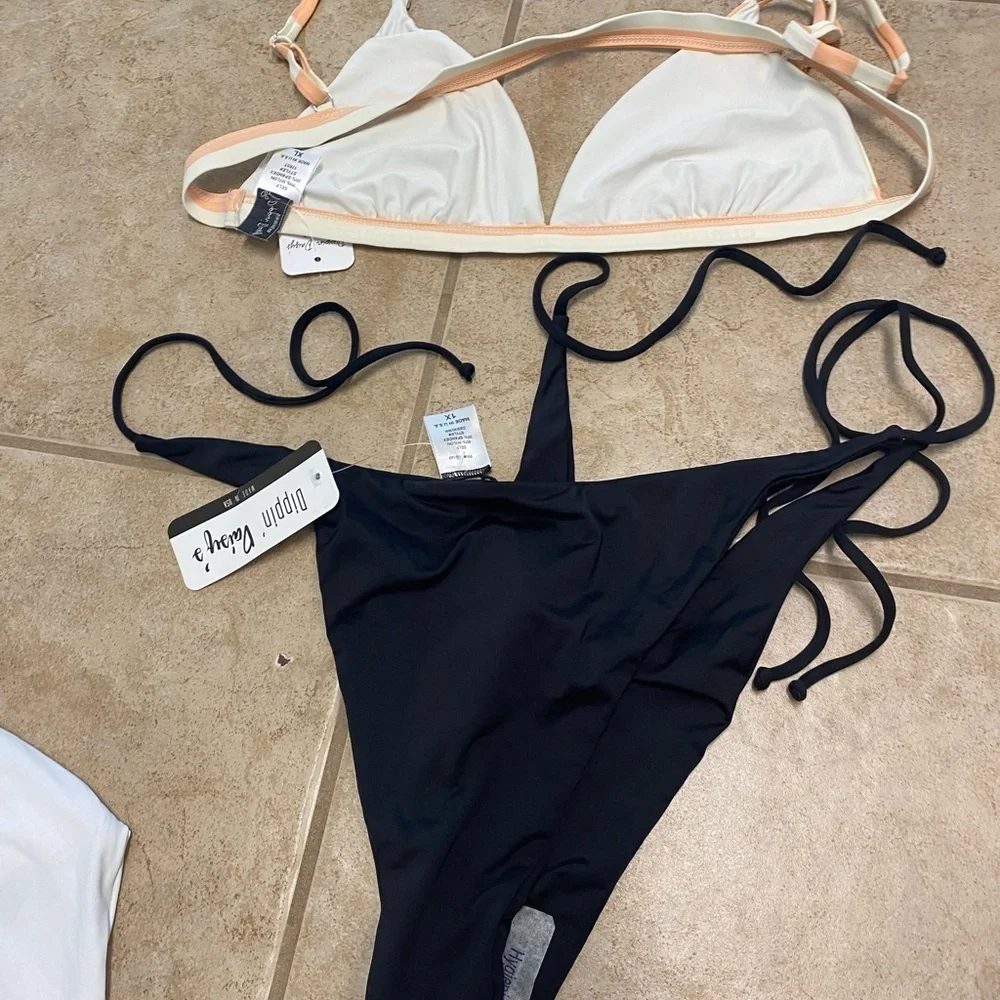 Set Lot 4 New Anthropologie Dippin' Daisy Swimsuit Bikini XL Black White Stripe